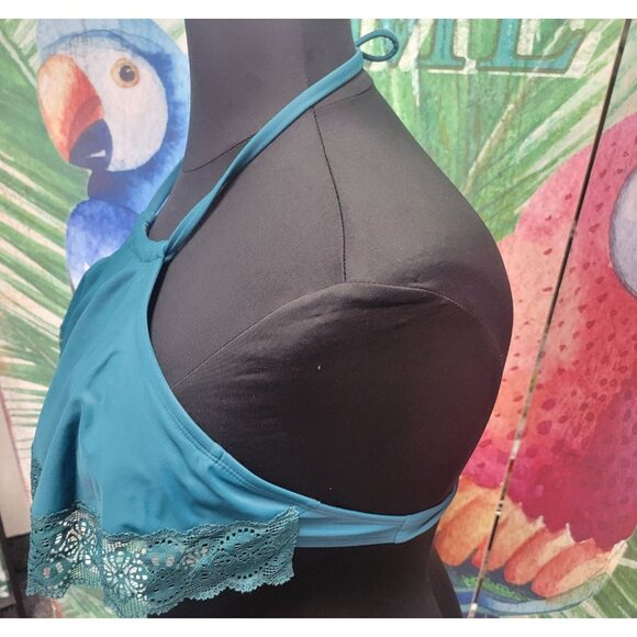 Teal Halter Bikini Top With Lace Trim Women's Swimwear Size Large Juniors - Picture 5 of 8